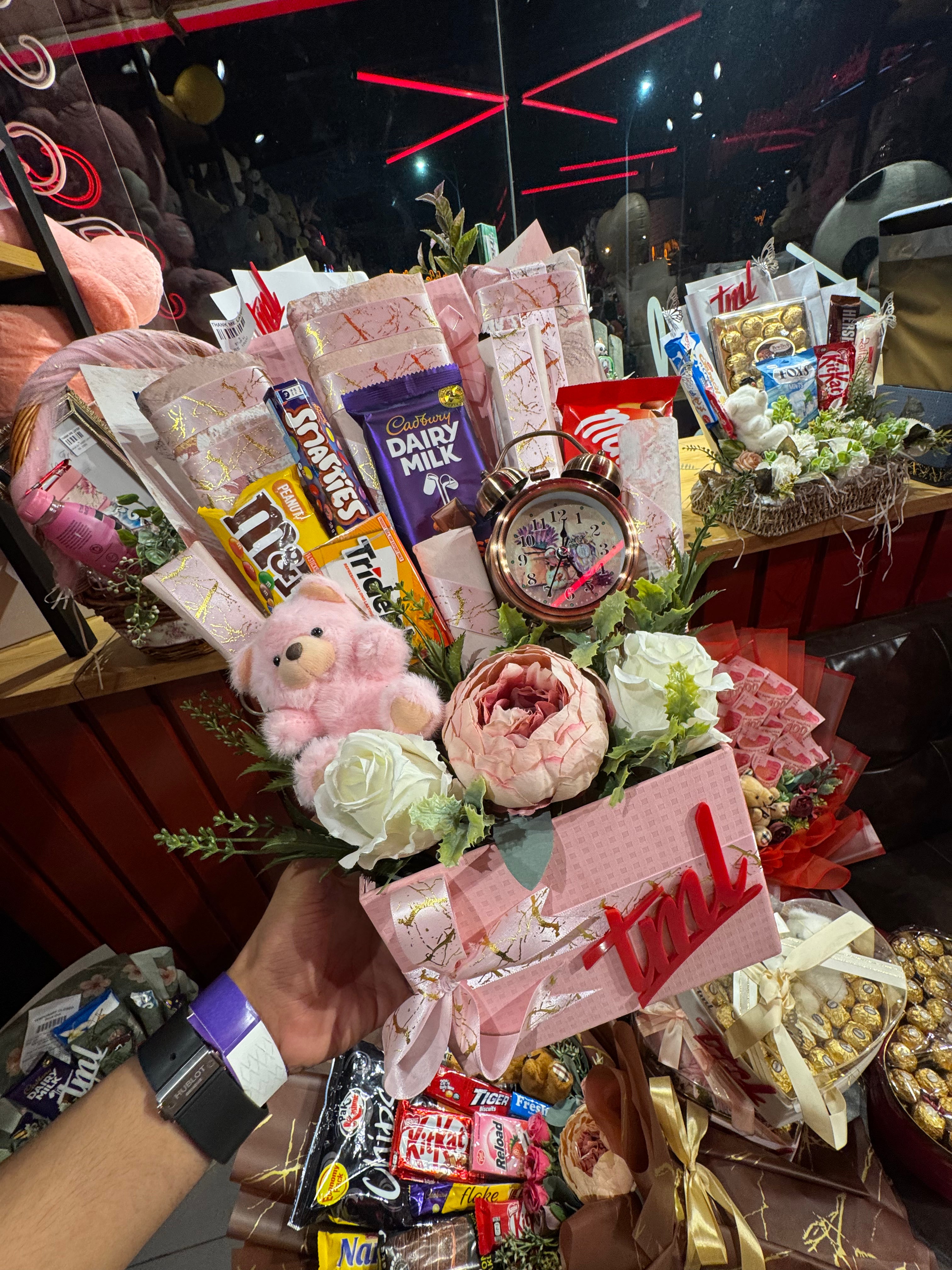 Unique Gift Basket with Chocolates & Flowers