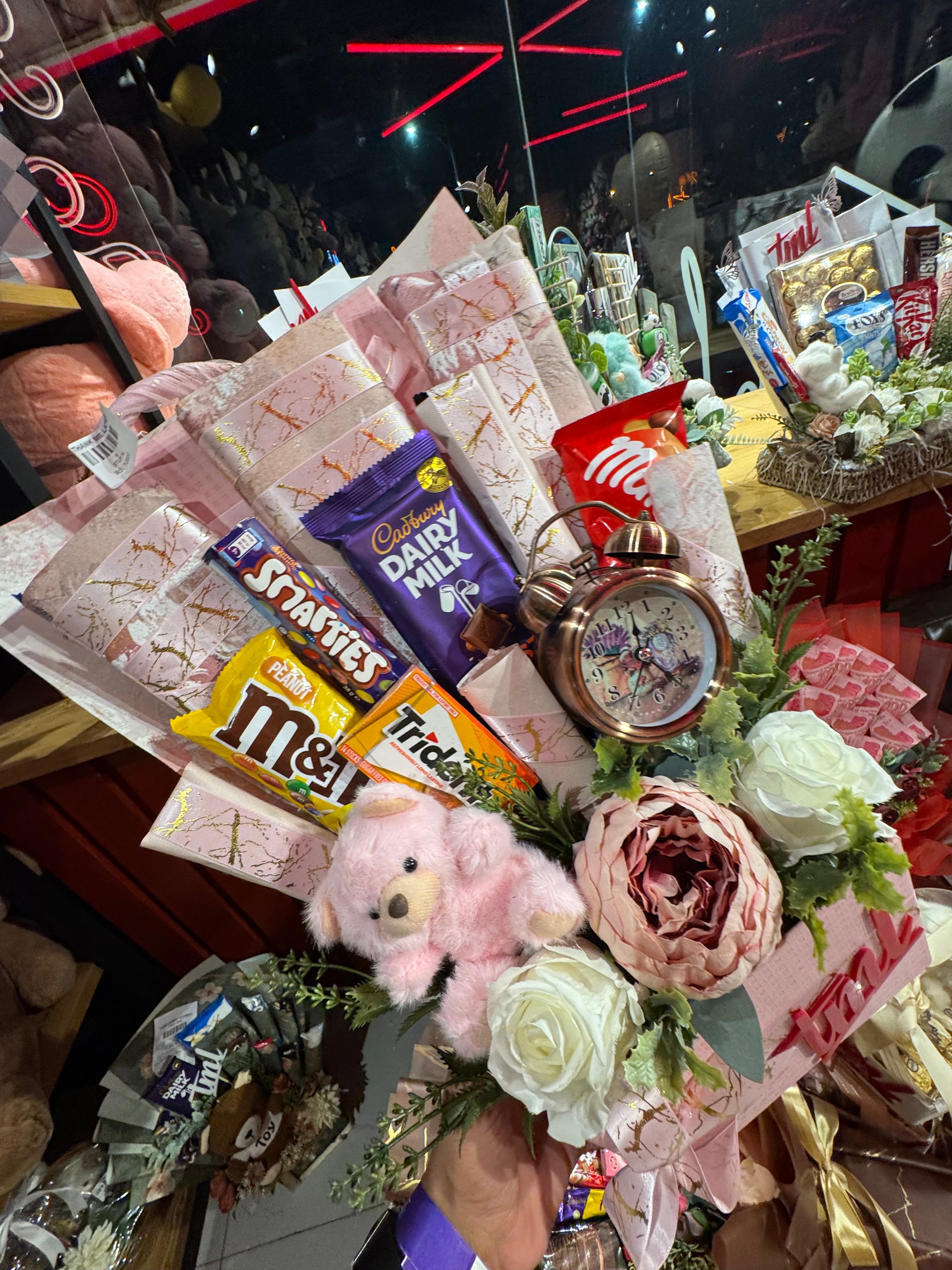 Unique Gift Basket with Chocolates & Flowers