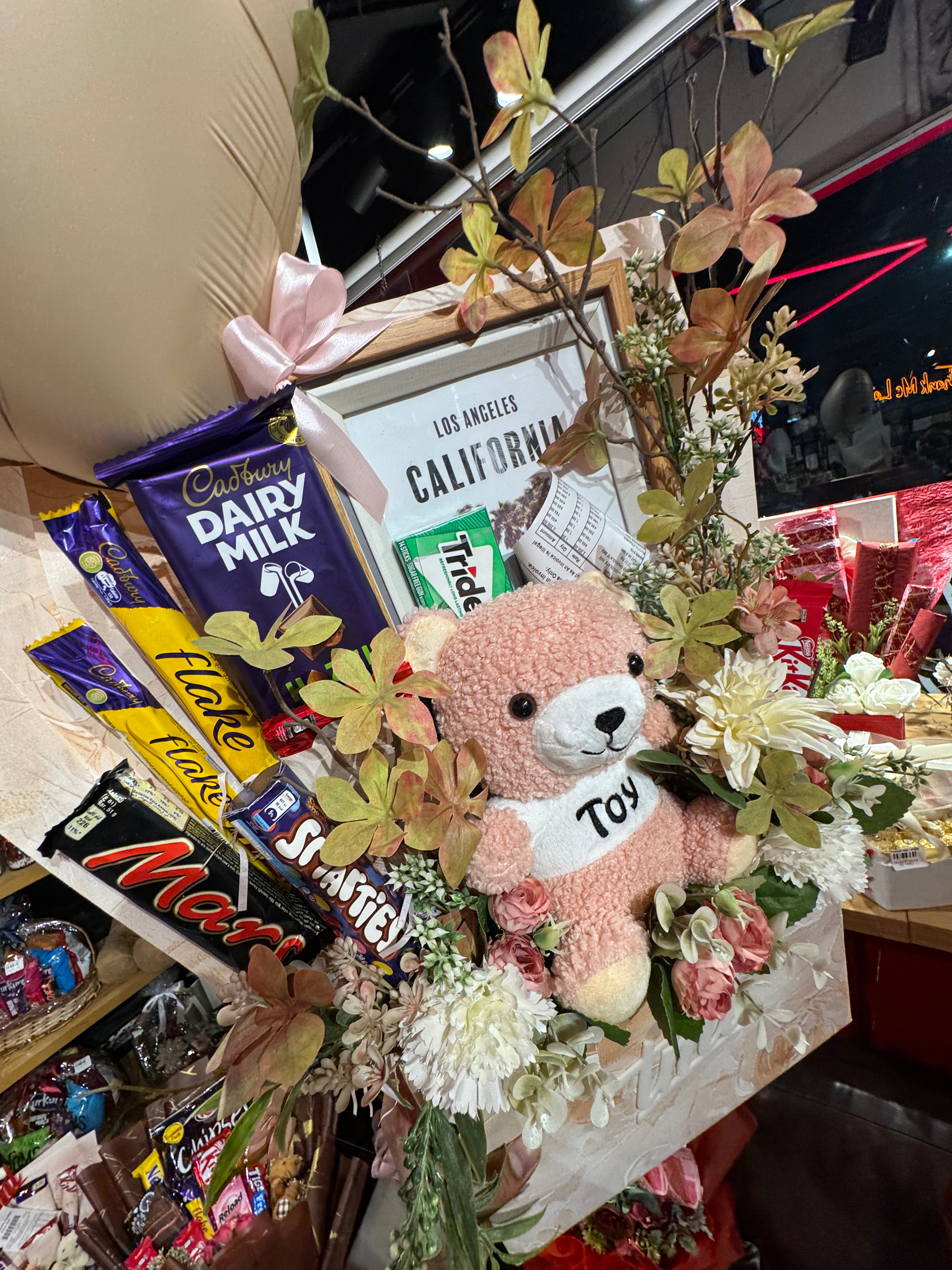 Unique Gift Basket with Teddy & Flowers